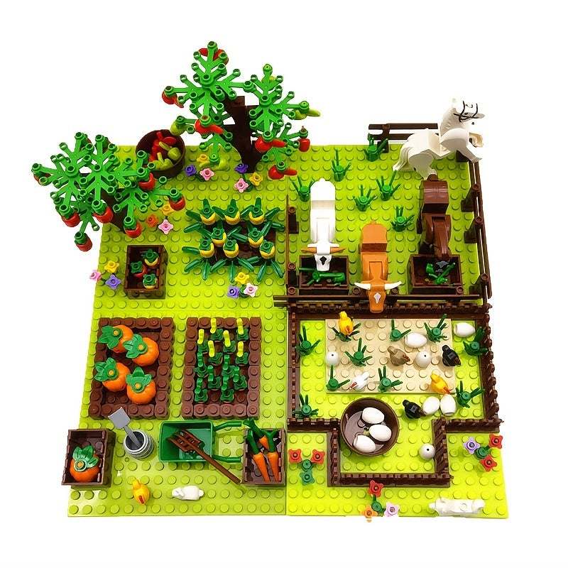 Farm Animals Trees Plants Building Blocks Set, Parts Grass Baseplates Construction Educational Toys For Kids Children, Farm Block 4 In 1 Halloween Christmas Gift