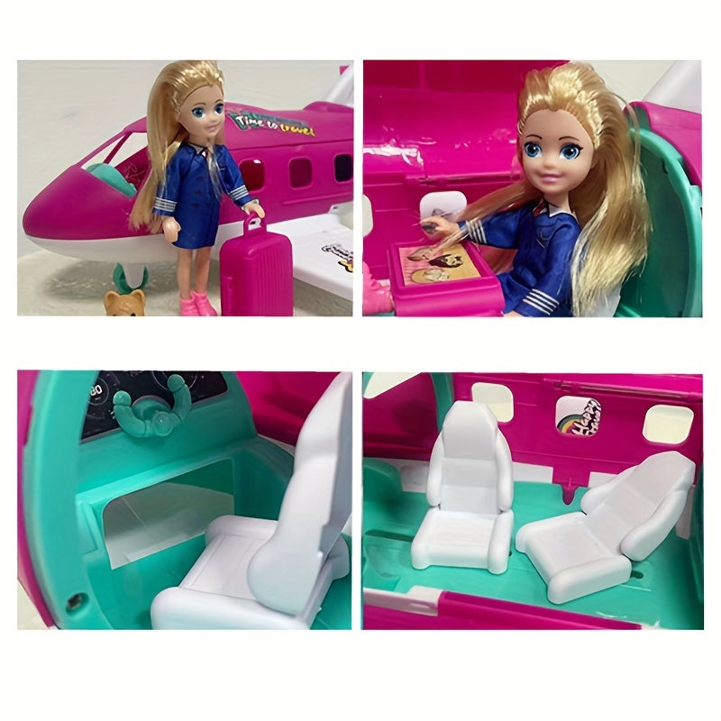 1 Set Fashion Doll Airplane Accessories Dream Vehicle Trip Pilot Princess Doll Pink Color Playset Including Traveling Suitcase And Puppy Pet For Kids And Up Toys (Color Box)