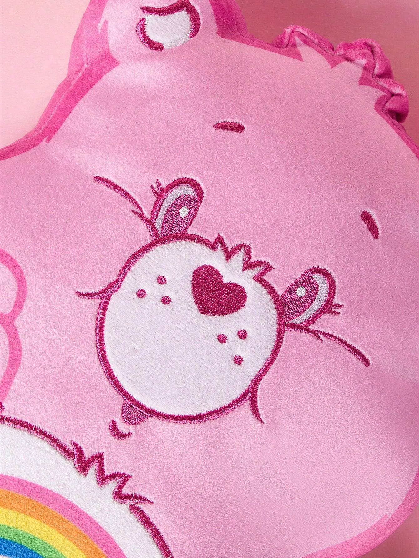 SHEIN X Care Bears Cartoon Bear & Rainbow Embroidered Pink Plush Pillow Pink