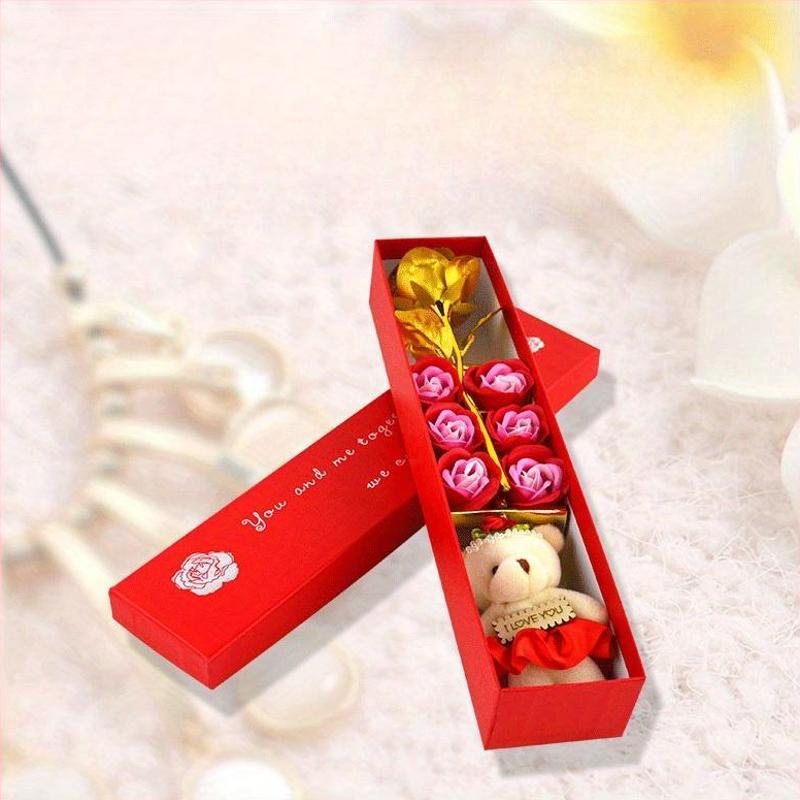 Cherished, Charming Rose Bouquet Gift Box with Teddy Bear - Perfect for Valentine's, Anniversary, Mother's Day & Birthday Proposals