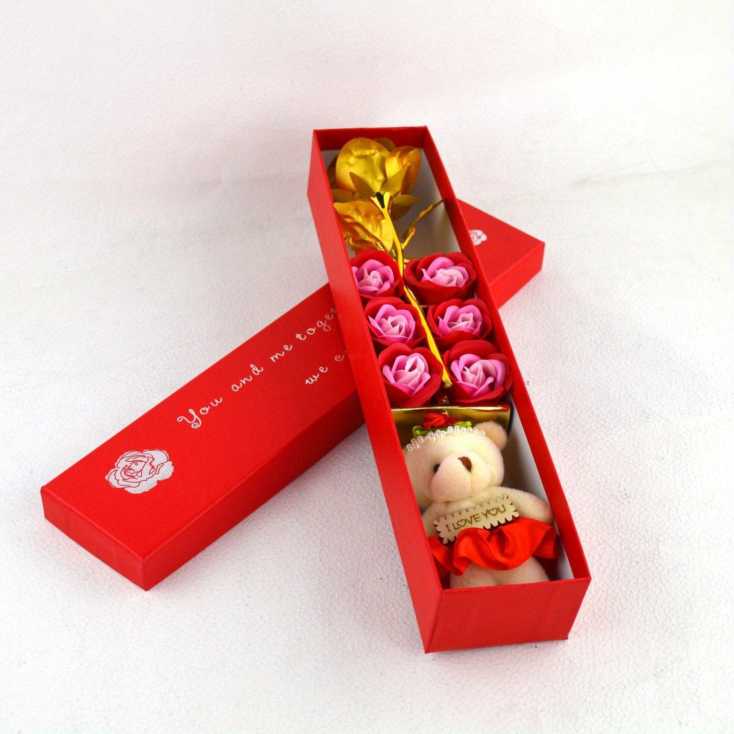 Cherished, Charming Rose Bouquet Gift Box with Teddy Bear - Perfect for Valentine's, Anniversary, Mother's Day & Birthday Proposals