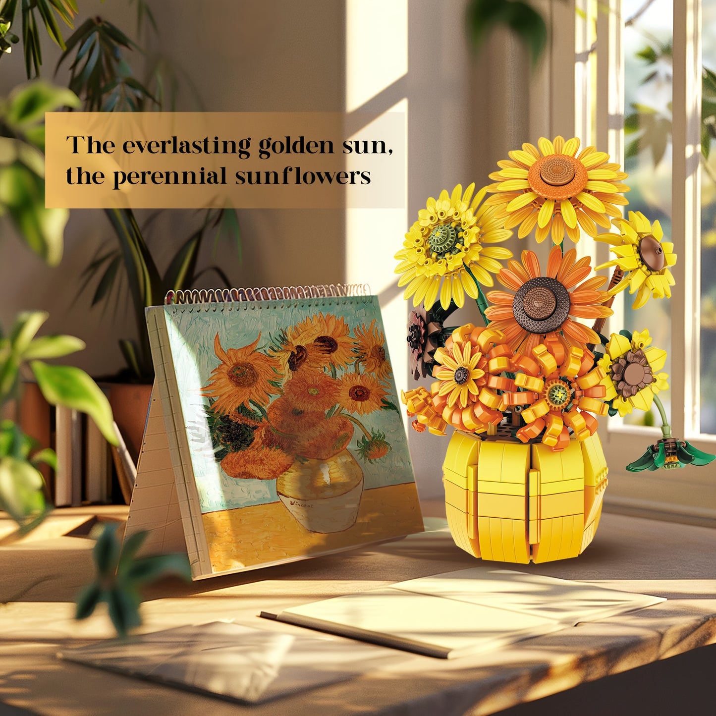 1009pcs Sunflower Bouquet Construction Kit with Vase - Botanical Collection Building Set for Adults - Mixed Color ABS Plastic Blocks, Age 14+