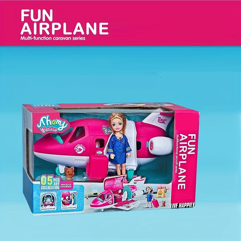 1 Set Fashion Doll Airplane Accessories Dream Vehicle Trip Pilot Princess Doll Pink Color Playset Including Traveling Suitcase And Puppy Pet For Kids And Up Toys (Color Box)
