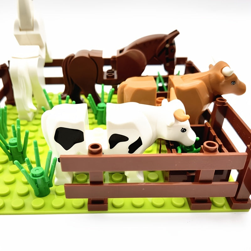 Farm Animals Trees Plants Building Blocks Set, Parts Grass Baseplates Construction Educational Toys For Kids Children, Farm Block 4 In 1 Halloween Christmas Gift