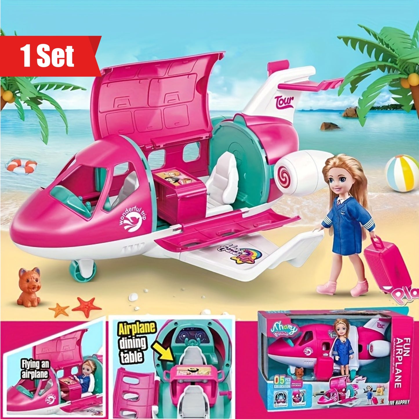 1 Set Fashion Doll Airplane Accessories Dream Vehicle Trip Pilot Princess Doll Pink Color Playset Including Traveling Suitcase And Puppy Pet For Kids And Up Toys (Color Box)