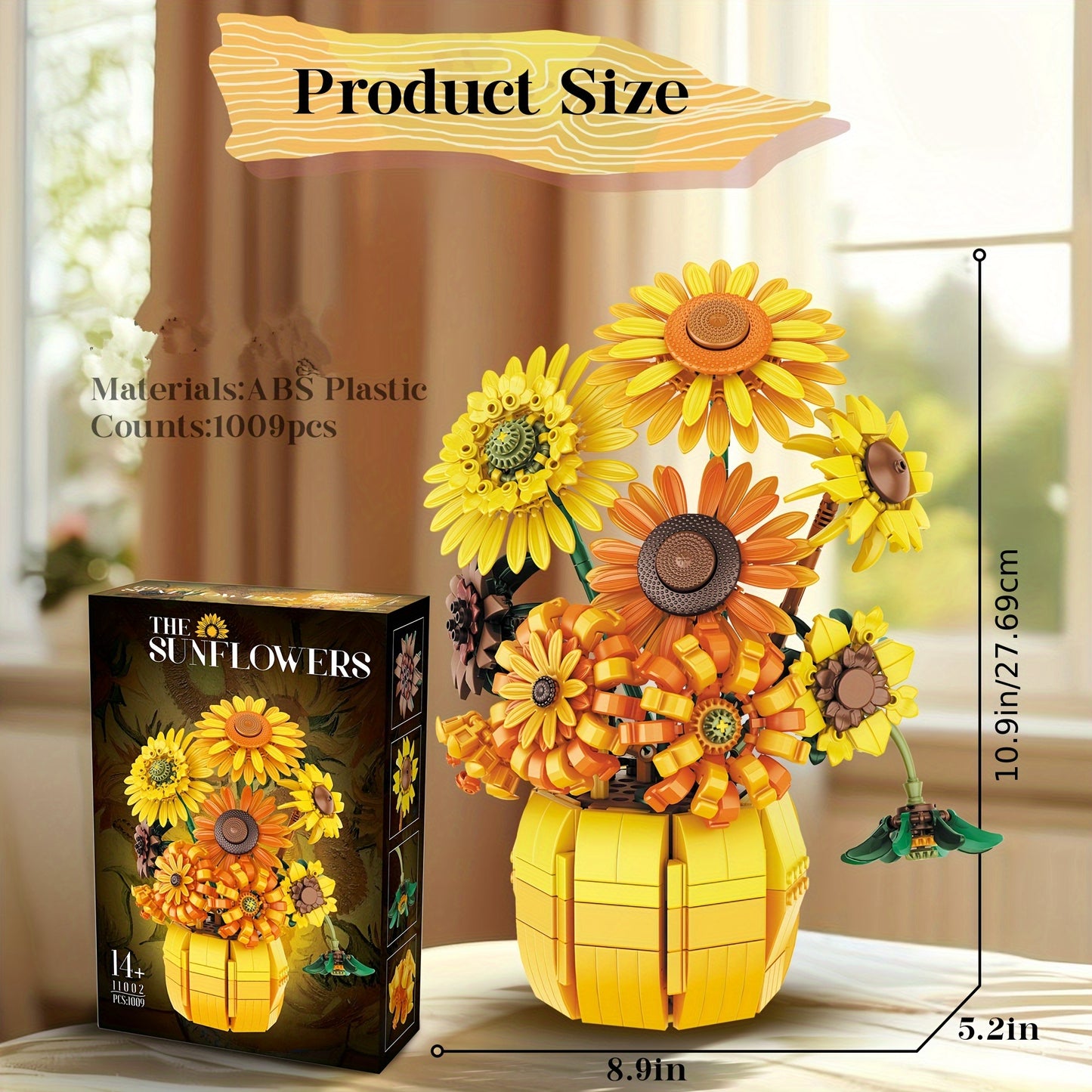 1009pcs Sunflower Bouquet Construction Kit with Vase - Botanical Collection Building Set for Adults - Mixed Color ABS Plastic Blocks, Age 14+