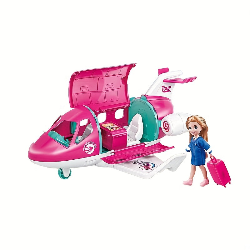 1 Set Fashion Doll Airplane Accessories Dream Vehicle Trip Pilot Princess Doll Pink Color Playset Including Traveling Suitcase And Puppy Pet For Kids And Up Toys (Color Box)