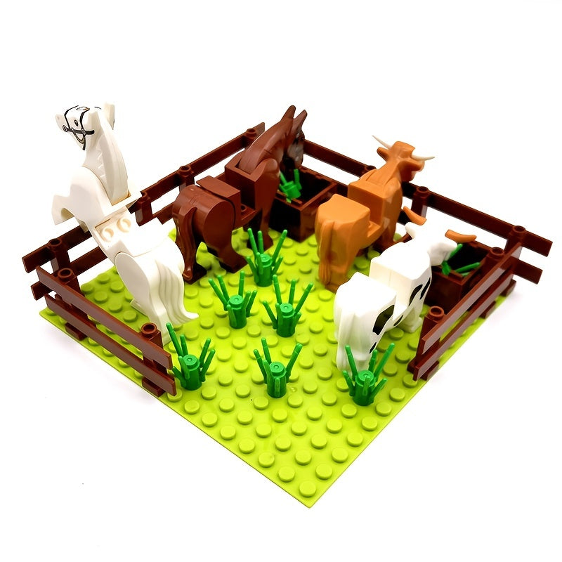 Farm Animals Trees Plants Building Blocks Set, Parts Grass Baseplates Construction Educational Toys For Kids Children, Farm Block 4 In 1 Halloween Christmas Gift
