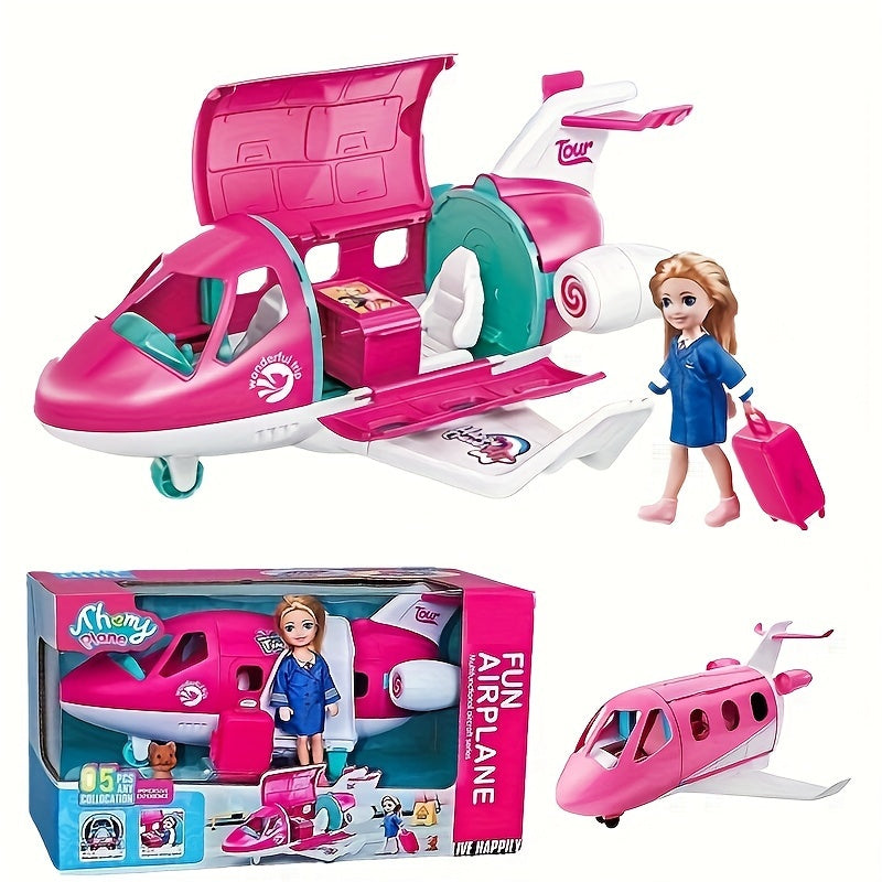 1 Set Fashion Doll Airplane Accessories Dream Vehicle Trip Pilot Princess Doll Pink Color Playset Including Traveling Suitcase And Puppy Pet For Kids And Up Toys (Color Box)