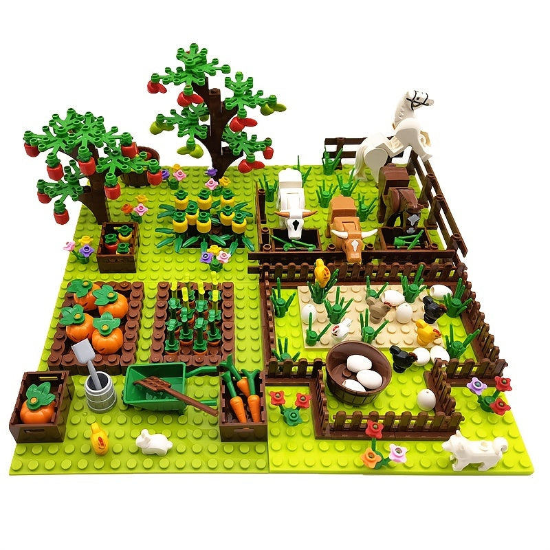 Farm Animals Trees Plants Building Blocks Set, Parts Grass Baseplates Construction Educational Toys For Kids Children, Farm Block 4 In 1 Halloween Christmas Gift