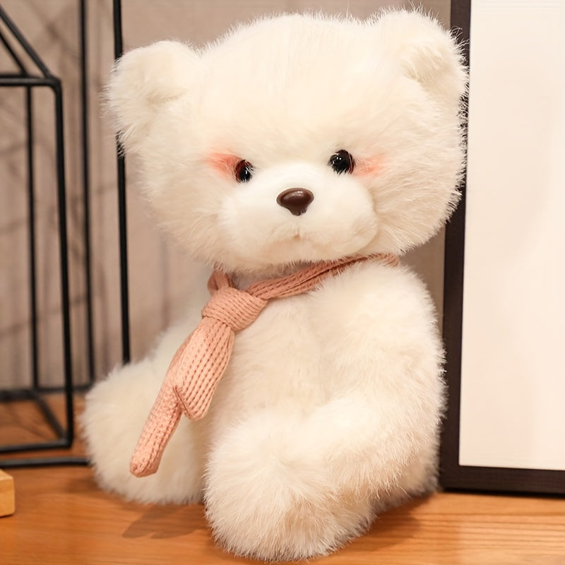 1pc Adorable White Teddy Bear Plush Toy with Colored Scarf - Soft Polyester Fiber, Video Game Theme, Collectible & Gift-Ready Stuffed Animal for Halloween & Christmas, Stuffed Plushies