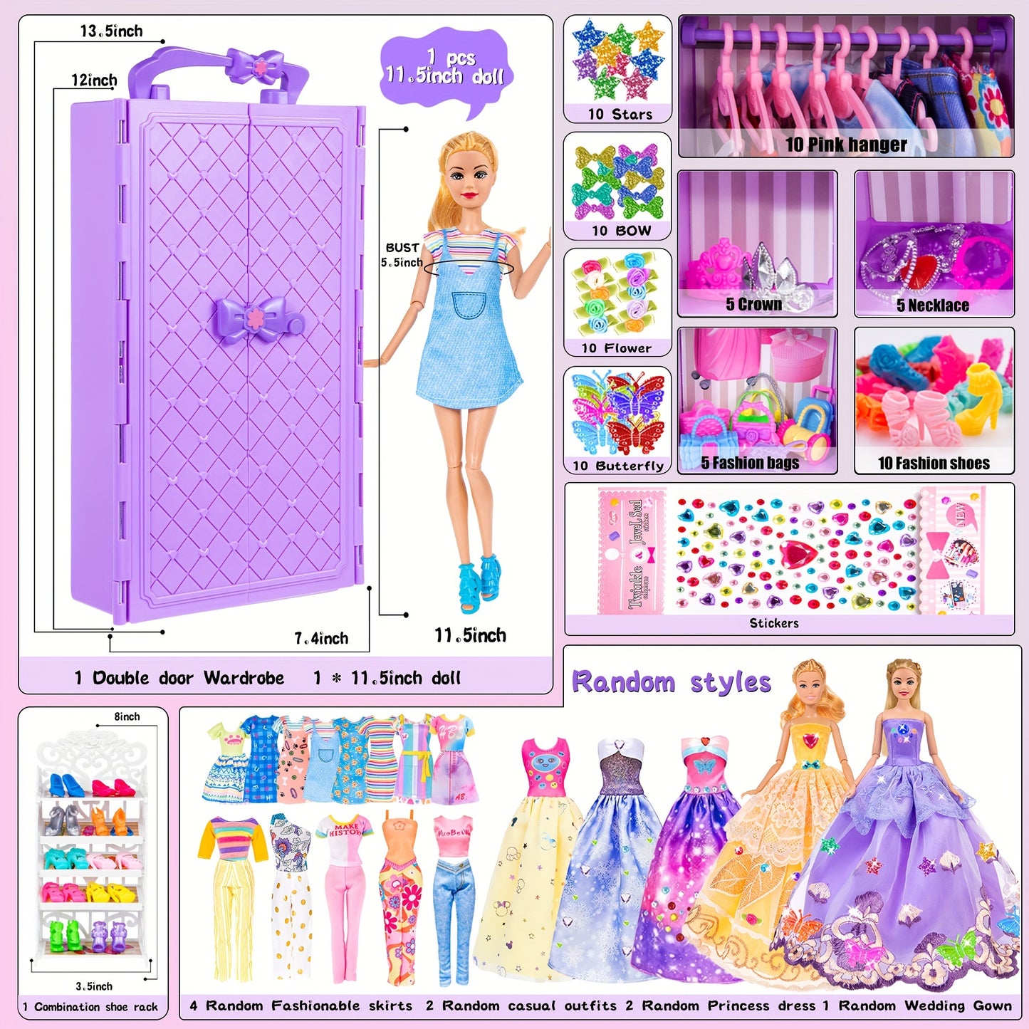 Fashion 91pcs 11.5 Inch Girl Doll With Clothes Accessories And Closet, Princess Gowns, Fashion Dresses, Outfits, Swimsuits.Doll Dress Up Toys For Girls Kids Toddlers.Christmas Gift For Ages 3+