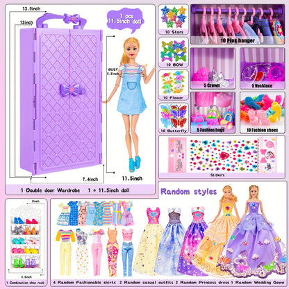 Fashion 91pcs 11.5 Inch Girl Doll With Clothes Accessories And Closet, Princess Gowns, Fashion Dresses, Outfits, Swimsuits.Doll Dress Up Toys For Girls Kids Toddlers.Christmas Gift For Ages 3+