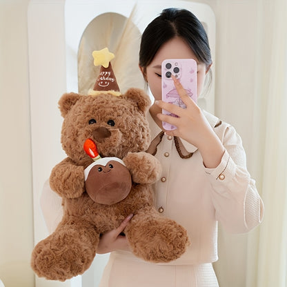 Adorable Teddy Bear Plush Toy with Cartoon Hat - Deep Brown Polyester, Cute Birthday & Valentine's Day Gift, Festive Decorative Animal Doll, Stuffed Animals