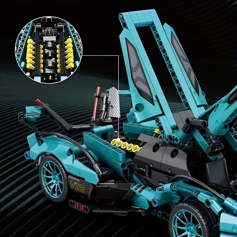 1330pcs Blue Sports Car Building Blocks Set, High Difficulty Racing Model, Perfect for Living Room, Dining Room, Study Room Decor, Ideal Christmas Birthday Gift, ABS Material, Vehicle Theme