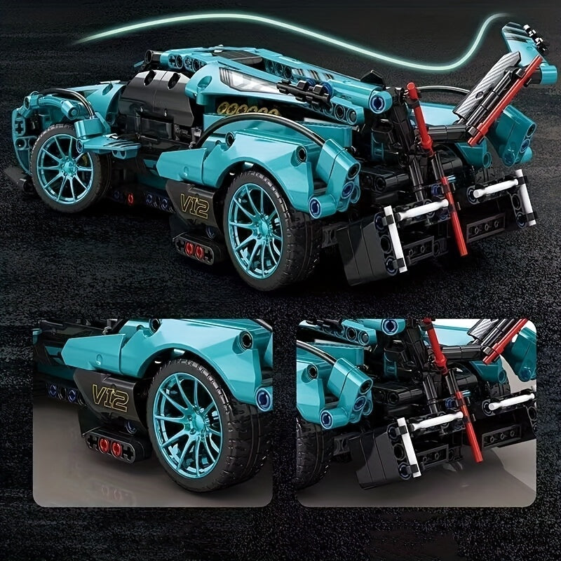1330pcs Blue Sports Car Building Blocks Set, High Difficulty Racing Model, Perfect for Living Room, Dining Room, Study Room Decor, Ideal Christmas Birthday Gift, ABS Material, Vehicle Theme