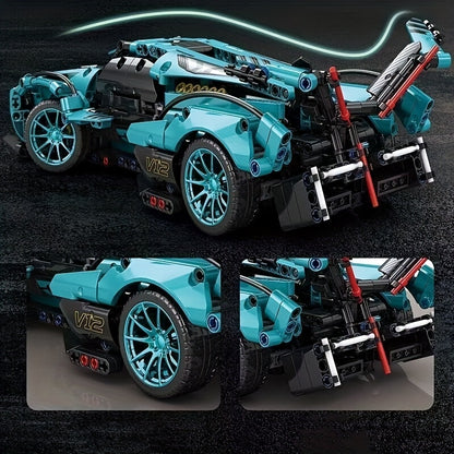 1330pcs Blue Sports Car Building Blocks Set, High Difficulty Racing Model, Perfect for Living Room, Dining Room, Study Room Decor, Ideal Christmas Birthday Gift, ABS Material, Vehicle Theme