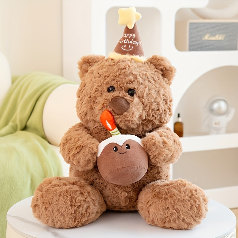 Adorable Teddy Bear Plush Toy with Cartoon Hat - Deep Brown Polyester, Cute Birthday & Valentine's Day Gift, Festive Decorative Animal Doll, Stuffed Animals