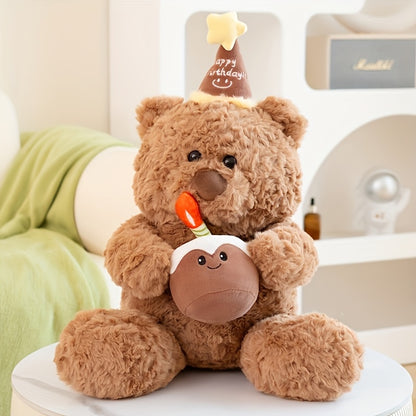 Adorable Teddy Bear Plush Toy with Cartoon Hat - Deep Brown Polyester, Cute Birthday & Valentine's Day Gift, Festive Decorative Animal Doll, Stuffed Animals