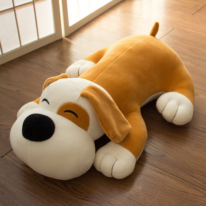 Plush Pillow of a Lying Dog, a Large Stuffed Toy for Cuddling And Sleeping on The Bed.