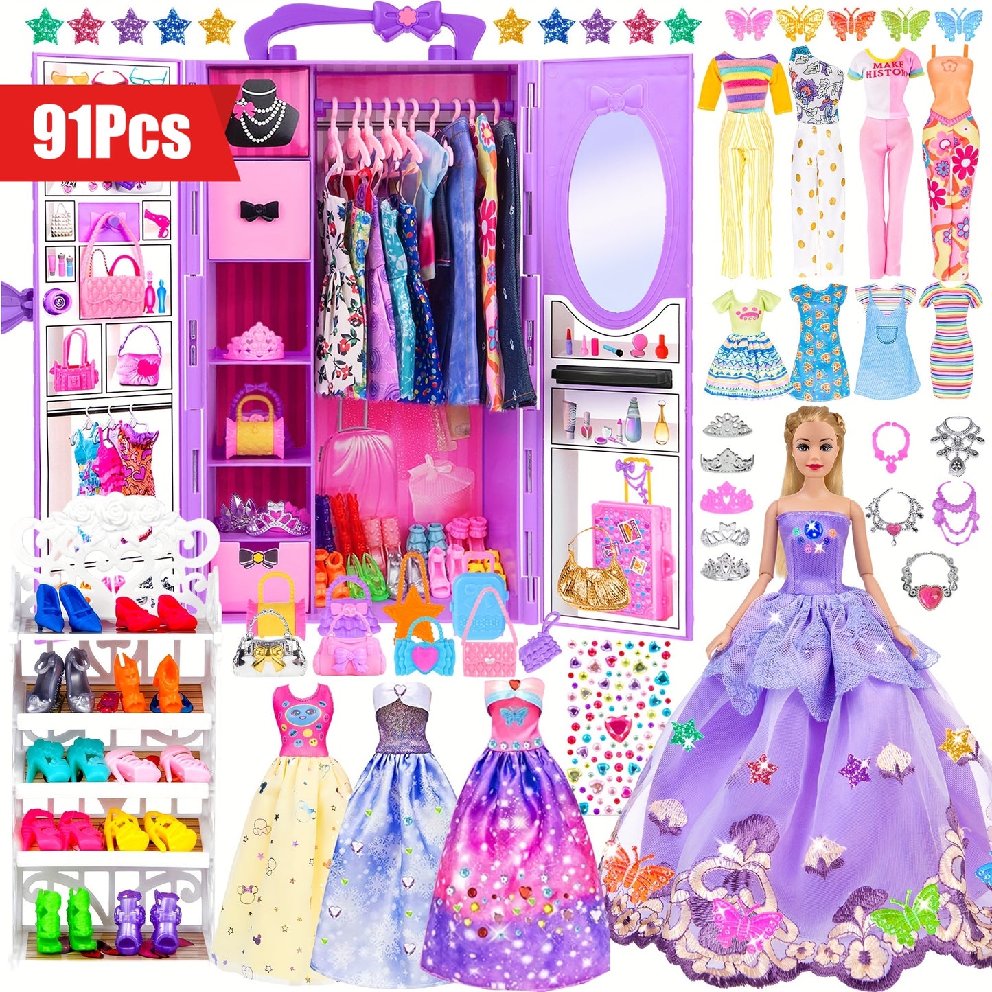 Fashion 91pcs 11.5 Inch Girl Doll With Clothes Accessories And Closet, Princess Gowns, Fashion Dresses, Outfits, Swimsuits.Doll Dress Up Toys For Girls Kids Toddlers.Christmas Gift For Ages 3+
