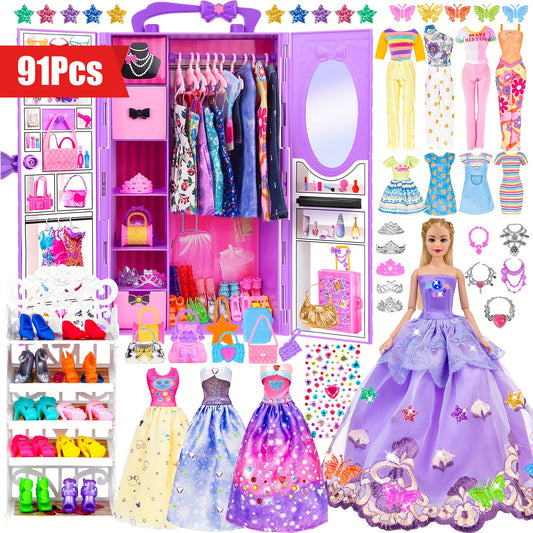 Fashion 91pcs 11.5 Inch Girl Doll With Clothes Accessories And Closet, Princess Gowns, Fashion Dresses, Outfits, Swimsuits.Doll Dress Up Toys For Girls Kids Toddlers.Christmas Gift For Ages 3+
