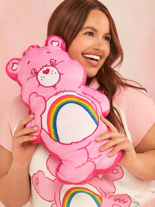 SHEIN X Care Bears Cartoon Bear & Rainbow Embroidered Pink Plush Pillow Pink