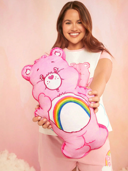 SHEIN X Care Bears Cartoon Bear & Rainbow Embroidered Pink Plush Pillow Pink