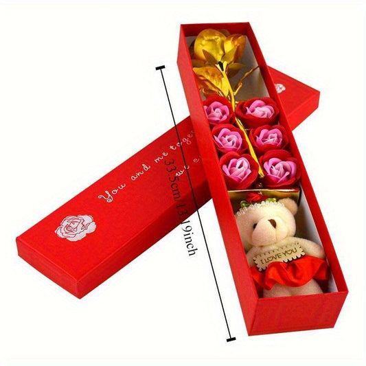 Cherished, Charming Rose Bouquet Gift Box with Teddy Bear - Perfect for Valentine's, Anniversary, Mother's Day & Birthday Proposals