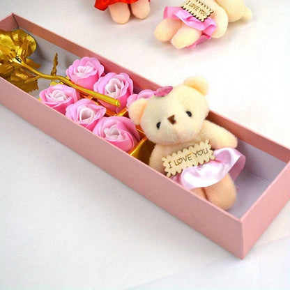 Cherished, Charming Rose Bouquet Gift Box with Teddy Bear - Perfect for Valentine's, Anniversary, Mother's Day & Birthday Proposals