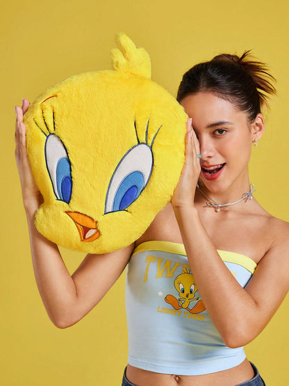 LOONEY TUNES X SHEIN Embroidered Cartoon And Letter Pattern Decorative Throw Pillow Yellow