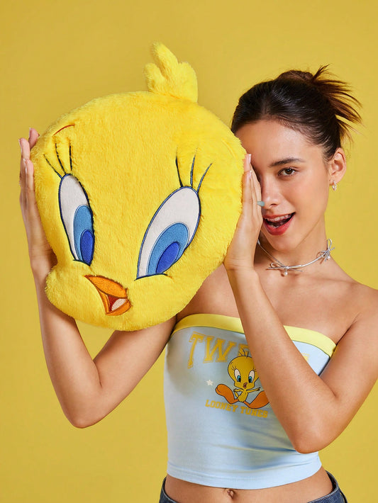 LOONEY TUNES X SHEIN Embroidered Cartoon And Letter Pattern Decorative Throw Pillow Yellow