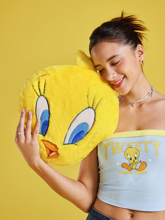 LOONEY TUNES X SHEIN Embroidered Cartoon And Letter Pattern Decorative Throw Pillow Yellow