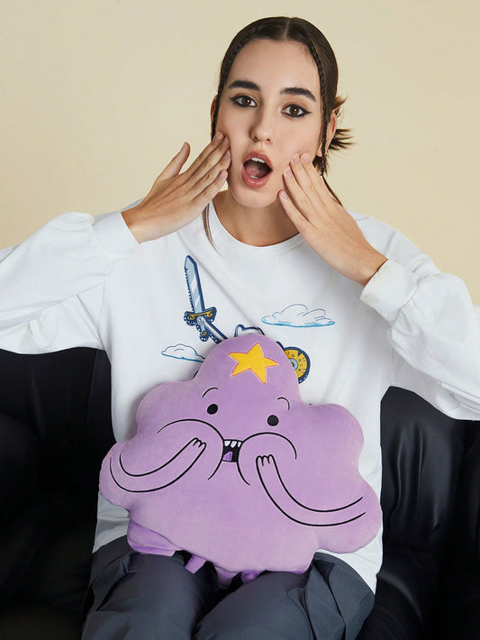 ADVENTURE TIME X SHEIN Embroidered Cartoon Pattern Decorative Throw Pillow, Gifts Mauve Purple
