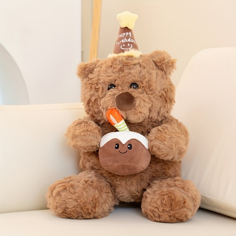 Adorable Teddy Bear Plush Toy with Cartoon Hat - Deep Brown Polyester, Cute Birthday & Valentine's Day Gift, Festive Decorative Animal Doll, Stuffed Animals