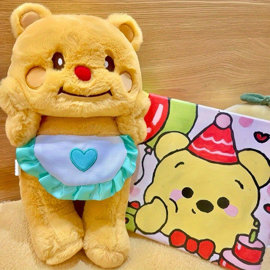 1pc Adorable Yellow Bear Plush Toy with Apron - Cute Stuffed Animal with Heart Pocket, Perfect for Valentine's Day, Thanksgiving, Christmas, Halloween & New Year Gifts