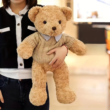 Adorable Light Brown Teddy Bear Plush Toy with Sweater - Soft Polyester Stuffed Animal, Cute Gentleman Bear Gift for Youngsters, Birthday Present, Throw Pillow or Decorative Plushie, Stuffed Plushies