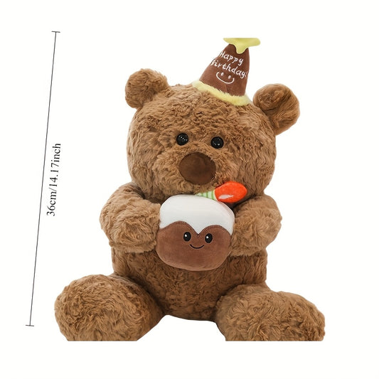 Adorable Teddy Bear Plush Toy with Cartoon Hat - Deep Brown Polyester, Cute Birthday & Valentine's Day Gift, Festive Decorative Animal Doll, Stuffed Animals