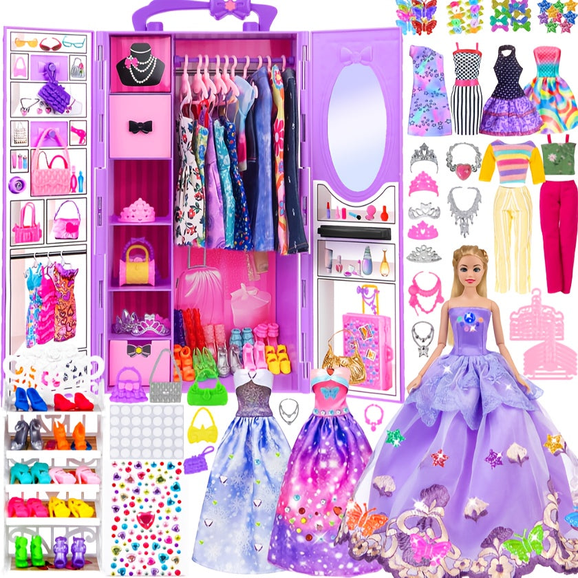 Fashion 91pcs 11.5 Inch Girl Doll With Clothes Accessories And Closet, Princess Gowns, Fashion Dresses, Outfits, Swimsuits.Doll Dress Up Toys For Girls Kids Toddlers.Christmas Gift For Ages 3+
