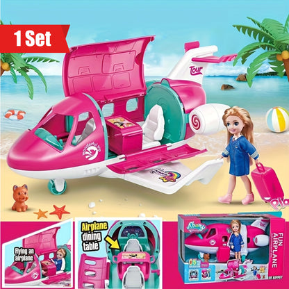 1 Set Fashion Doll Airplane Accessories Dream Vehicle Trip Pilot Princess Doll Pink Color Playset Including Traveling Suitcase And Puppy Pet For Kids And Up Toys (Color Box)