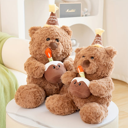 Adorable Teddy Bear Plush Toy with Cartoon Hat - Deep Brown Polyester, Cute Birthday & Valentine's Day Gift, Festive Decorative Animal Doll, Stuffed Animals