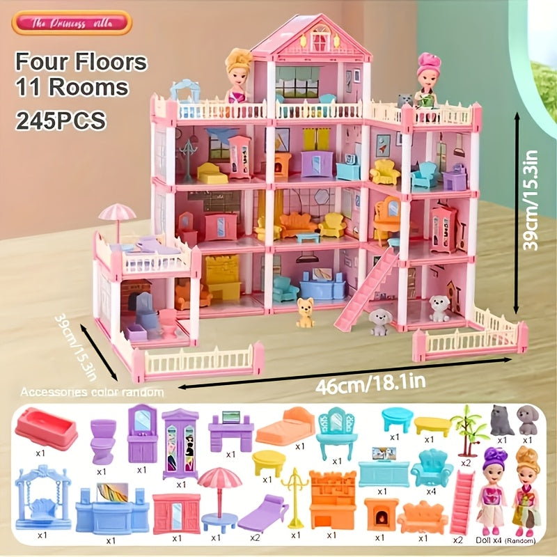 Princess Doll House, Doll Castle House with 4-Story 11 Rooms, Princess Doll House Gift for Girls Play Set with Fully Furniture & Accessories, Pink House Toys, Includes 4 Figures Doll Color Random