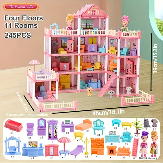 Princess Doll House, Doll Castle House with 4-Story 11 Rooms, Princess Doll House Gift for Girls Play Set with Fully Furniture & Accessories, Pink House Toys, Includes 4 Figures Doll Color Random
