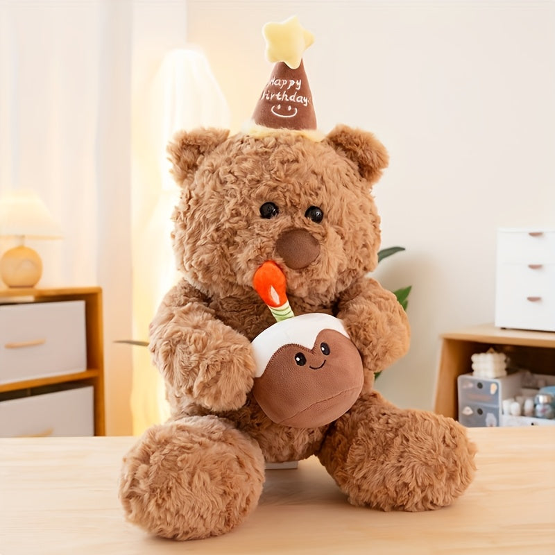 Adorable Teddy Bear Plush Toy with Cartoon Hat - Deep Brown Polyester, Cute Birthday & Valentine's Day Gift, Festive Decorative Animal Doll, Stuffed Animals