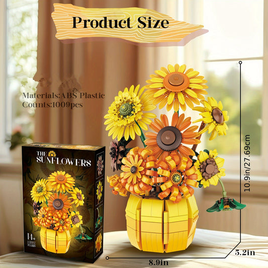 1009pcs Sunflower Bouquet Construction Kit with Vase - Botanical Collection Building Set for Adults - Mixed Color ABS Plastic Blocks, Age 14+