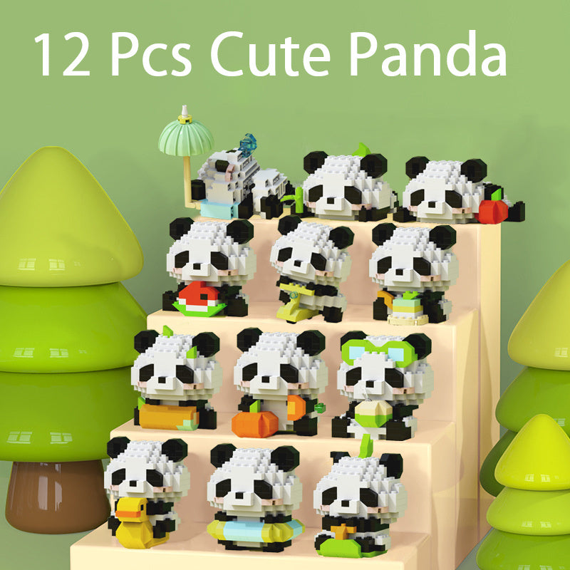12pcs Cute Panda Building Blocks for Kids Ideal Birthday & Holiday Gift, Adorable DIY Wooden Desk Ornaments