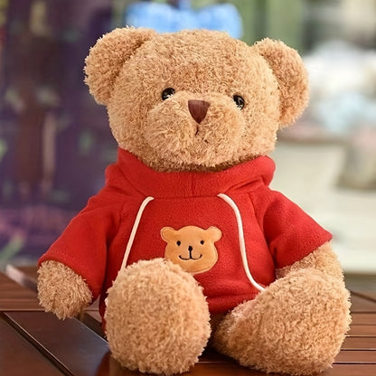 Adorable Red Teddy Bear Plush Toy with Hoodie - Soft Polyester Stuffed Animal, Perfect Birthday Gift for Family and Friends