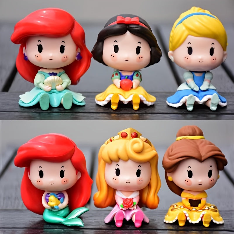6pcs set of cute PVC pocket sitting princess dolls, Snow White Ariel Cinderella Belle Rapunzel cute doll ornaments