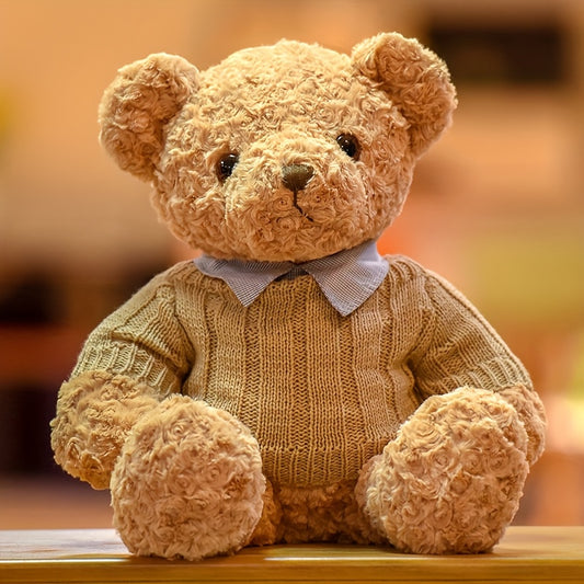 Adorable Light Brown Teddy Bear Plush Toy with Sweater - Soft Polyester Stuffed Animal, Cute Gentleman Bear Gift for Youngsters, Birthday Present, Throw Pillow or Decorative Plushie, Stuffed Plushies