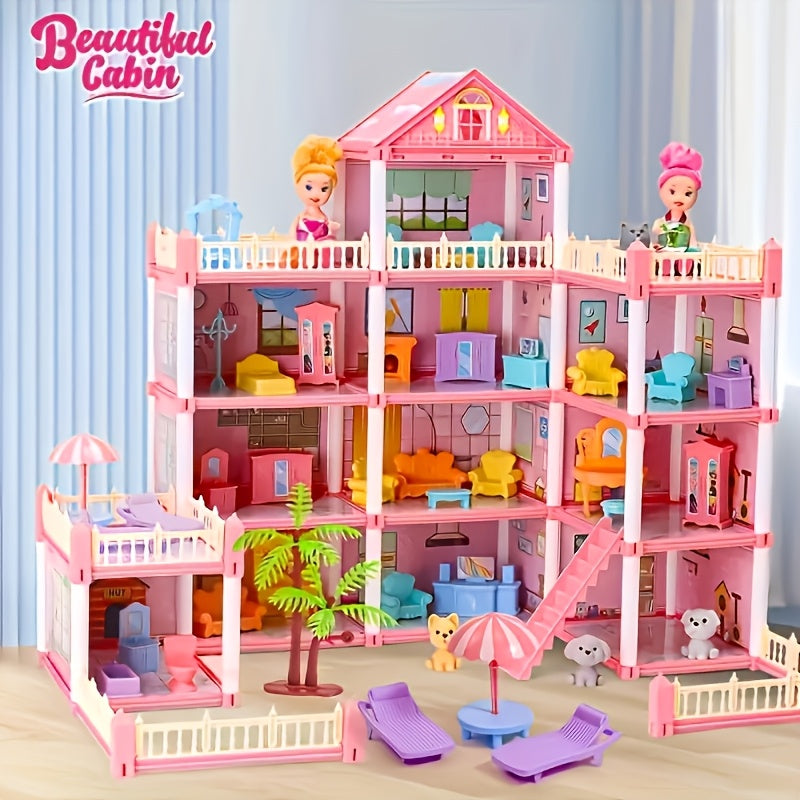 Princess Doll House, Doll Castle House with 4-Story 11 Rooms, Princess Doll House Gift for Girls Play Set with Fully Furniture & Accessories, Pink House Toys, Includes 4 Figures Doll Color Random